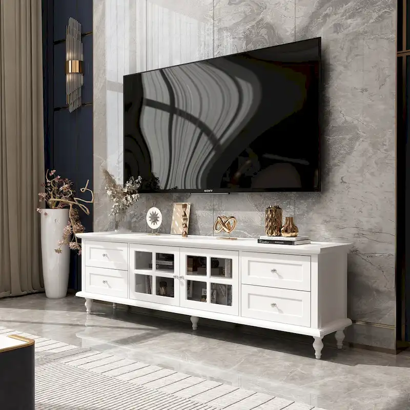 Modern White TV Stand w/Glass Doors and Drawers Entertainment Console