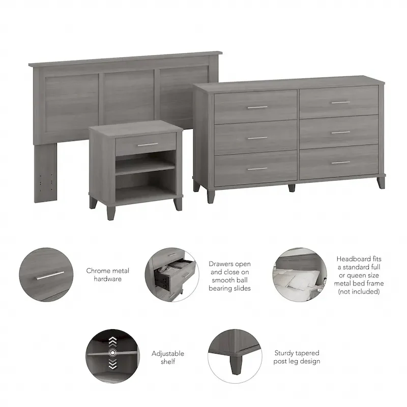 Somerset Ash Grey Headboard, Dresser and Nightstand Bedroom Set