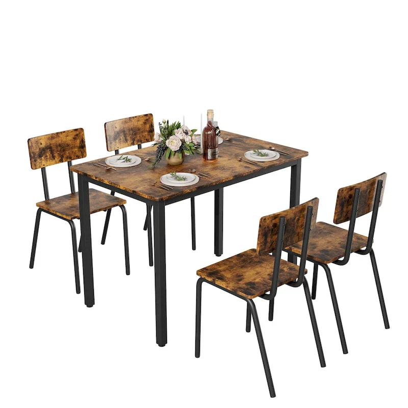 Kitchen Dining Table Set Metal Frame Breakfast Table with 4 Dining Chairs Modern Casual Dining Table Set 5-Piece Dining Set