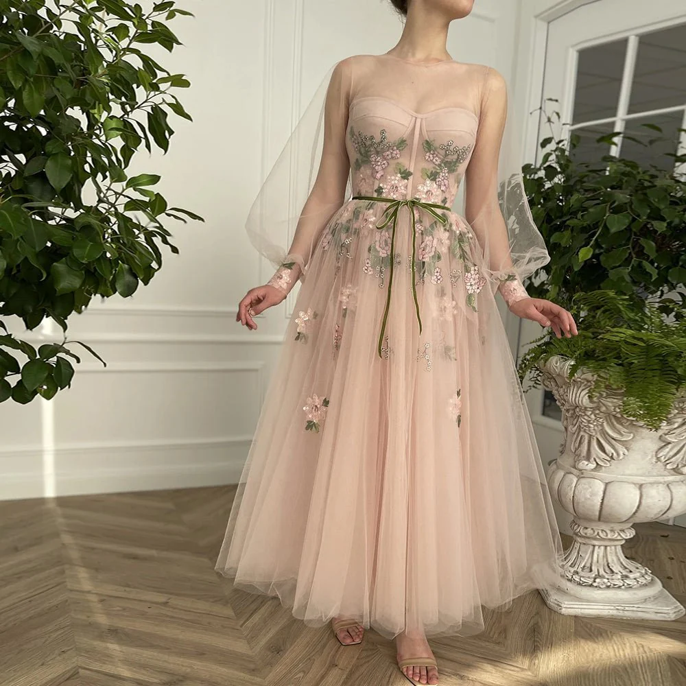 A Line Scoop Long Sleeve Tulle Prom Dress with Floral Embroidery
