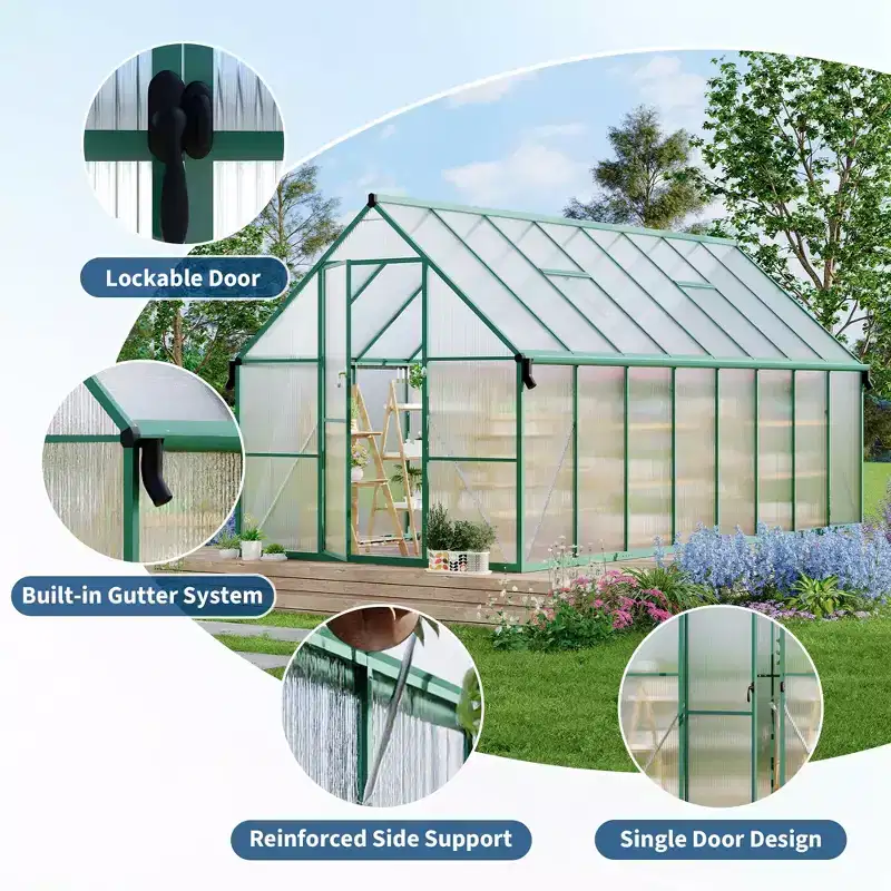 8'X16' Aluminum-Framed Polycarbonate Greenhouse, Heavy Duty Greenhouse with Quick Setup Structure and Roof Vent, Enhanced Aluminum Greenhouses Kit