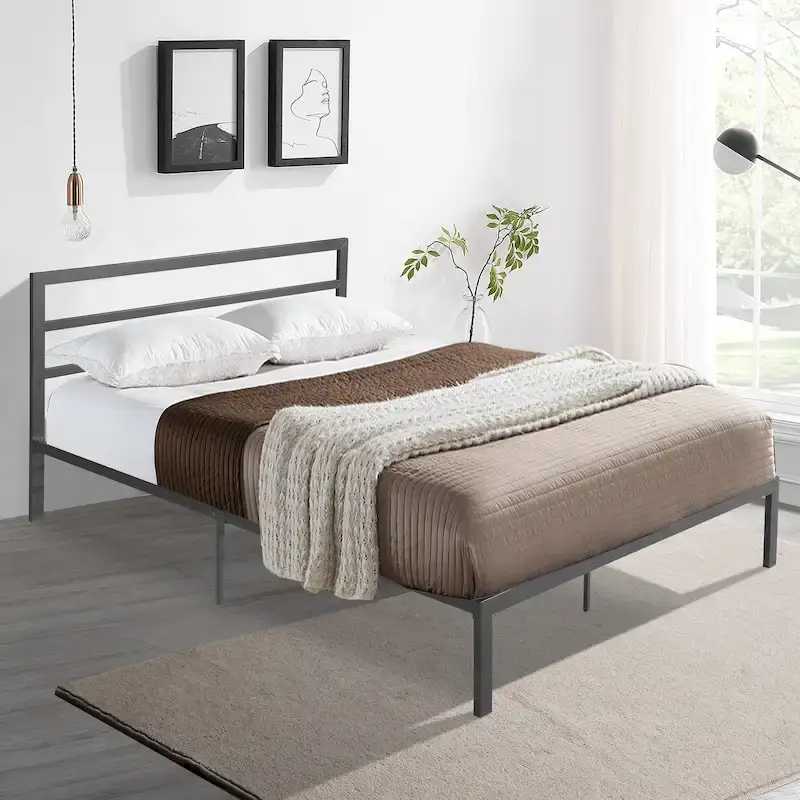 Charcoal Grey / Black Queen Steel Metal Platform Bed with Headboard