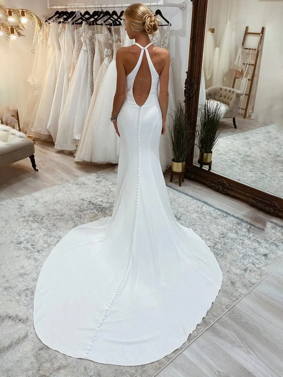 Simple White Halter Open Back Long Wedding Dress