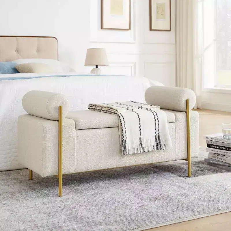 MAYEERTY Elegant Upholstered Line Storage Bench with Cylindrical Arms and Iron Legs for Hallway Living Room Bedroom Beige