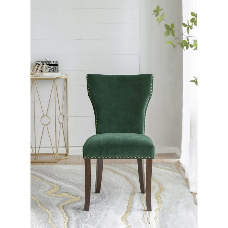 Velvet Armless Nail Head Wooden Dining Chairs 37 Green and Brown 2Ct