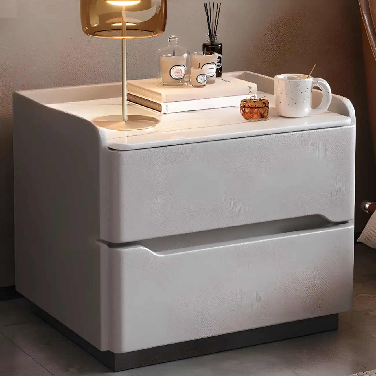 Modern Leather Tray Stone Top 2 Drawers Nightstand