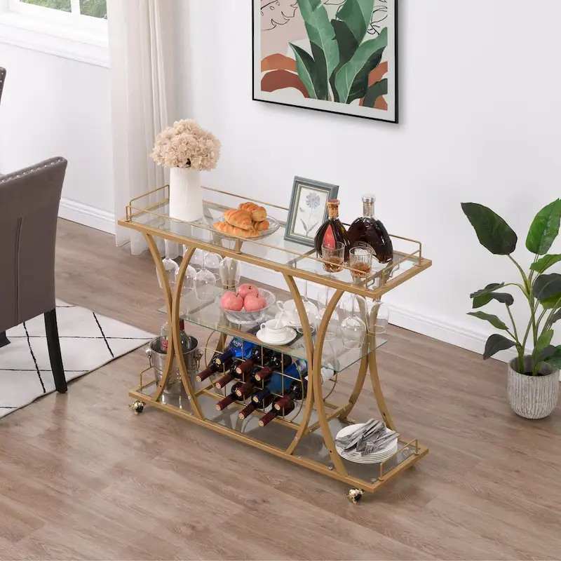 Myhozm 3-tier Serving Metal Bar Cart with Tempered Glass