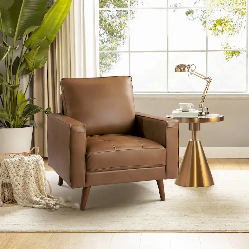 Mid-Century Genuine Leather Armchair – Brown / Navy / Black / Burgundy / Camel / Beige, Track Arm, Seats 1