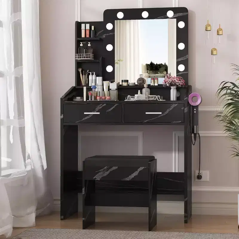Vanity Desk with Mirror and Lights for Bedroom,Makeup Table with 2 Drawers,3 Light Modes & Dimmable LEDVanity Desk with Mirror and Lights for Bedroom