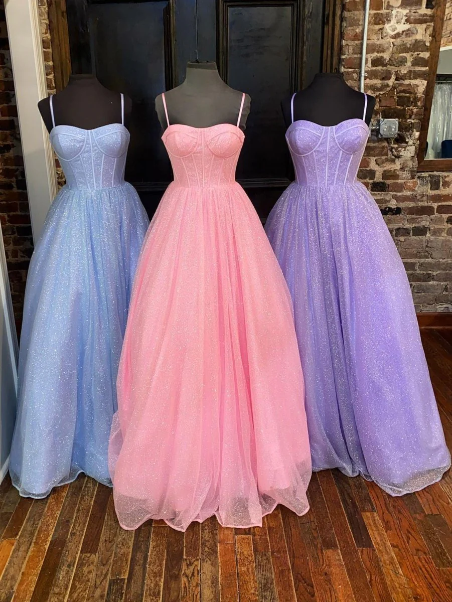 A Line Glitter Tulle Prom Dress with Pockets