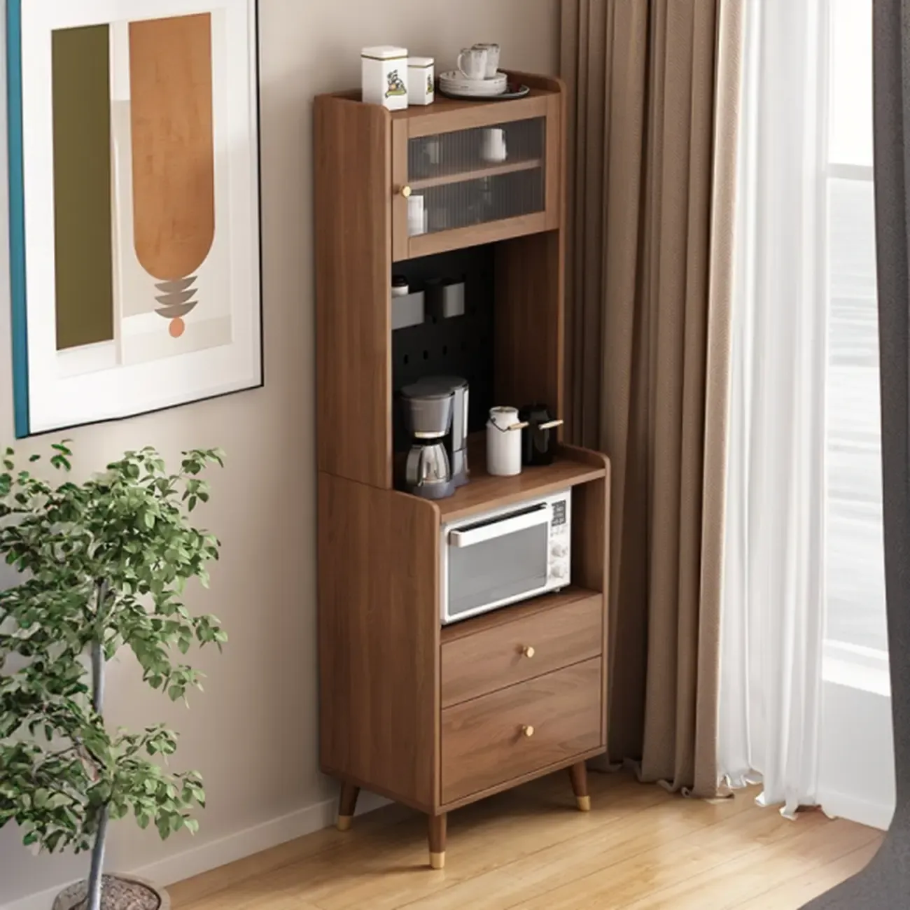 Compact Wooden Brown 2-Drawer Tall Sideboard with Hutch