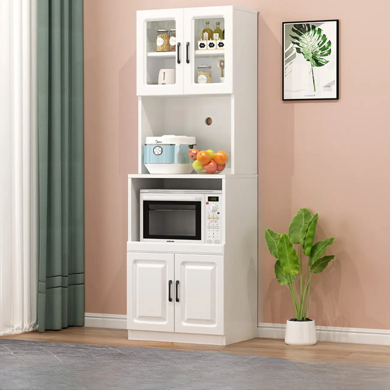 Kitchen White Wood Countertop Open Storage China Cabinet