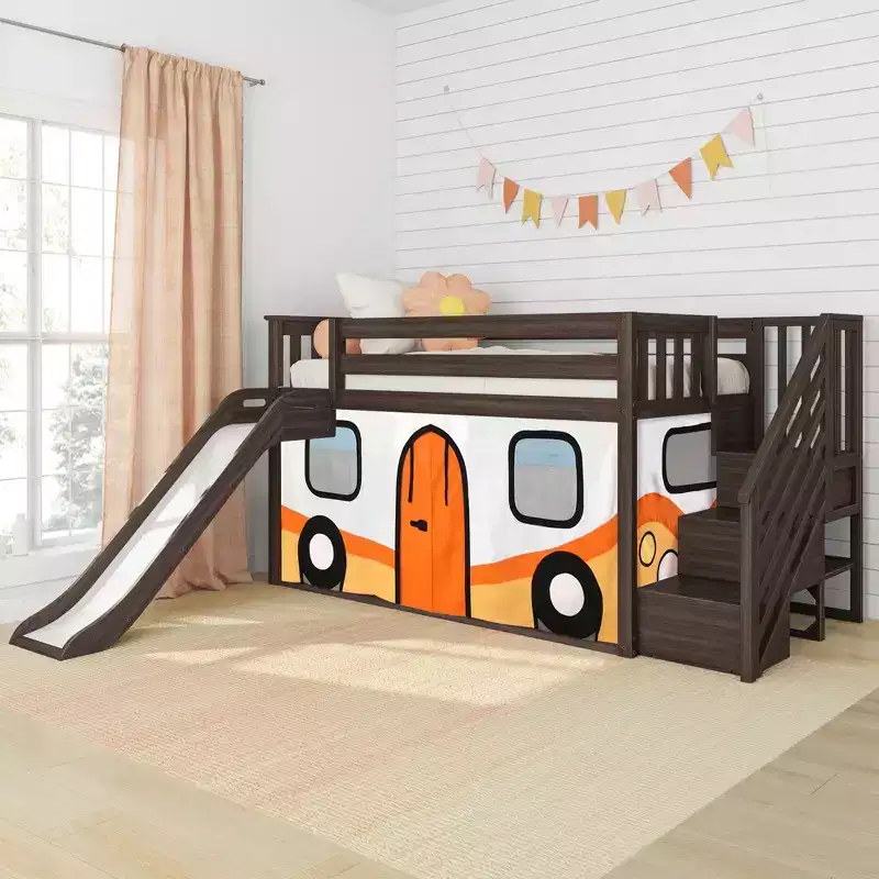Twin Low Loft With Stairs, Easy Slide & Orange Camper Van Curtain