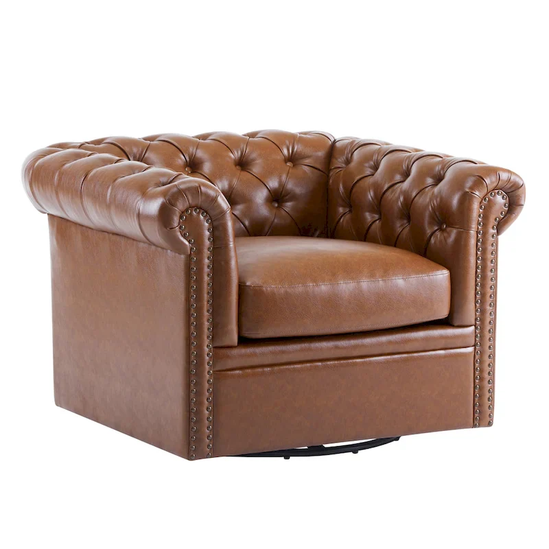 Swivel Button-Tufted Club Chair – Dark Green / Cognac, Chesterfield Style, Single Seat