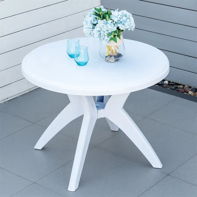 Outsunny Round Plastic Patio Table with Umbrella Hole,Dining Table