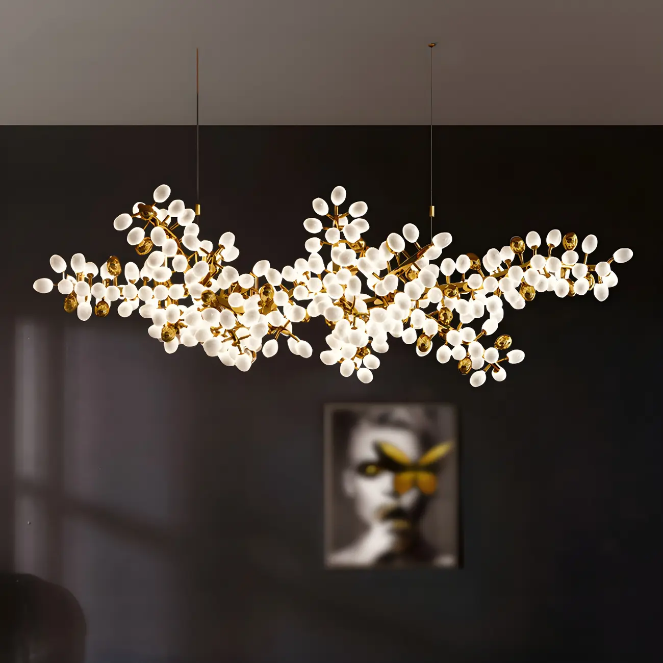 1 Tier Gold Branch White Glass Oval Cluster Pendant Light