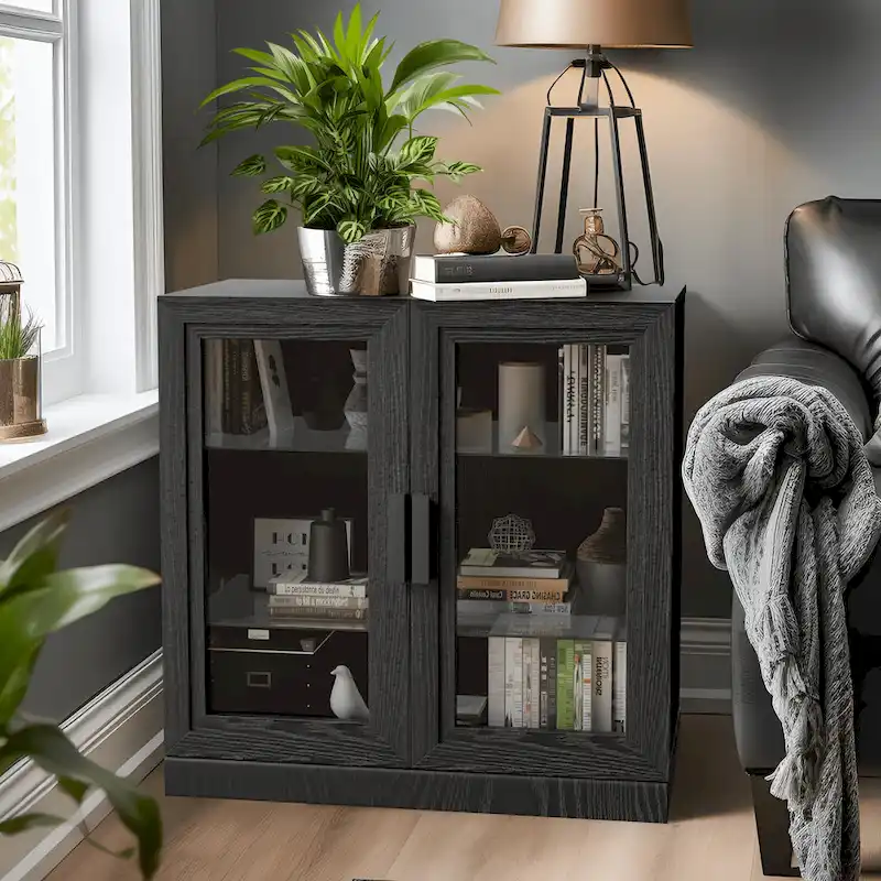 Solid Wood Storage Cabinet with Glass Doors
