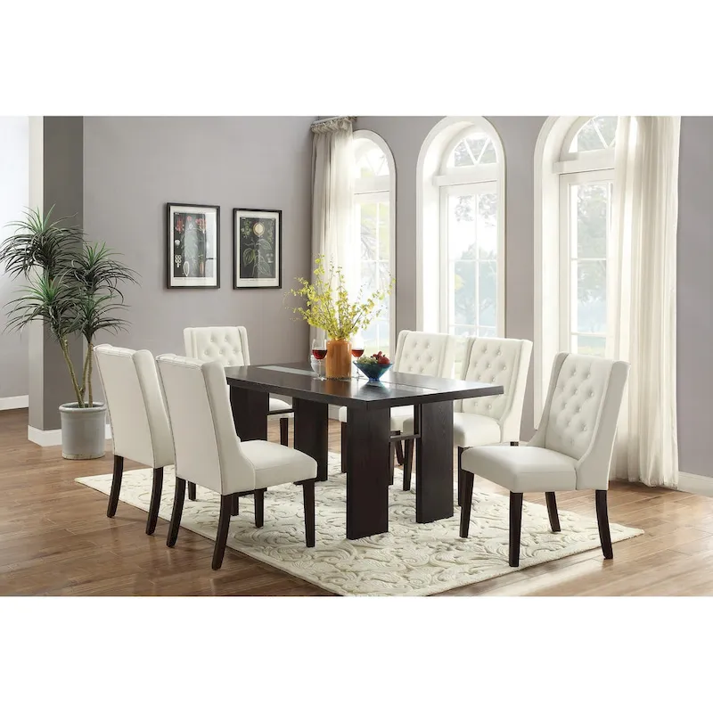 Set of 2 Wingback Dining Chairs, Tufted Faux Leather