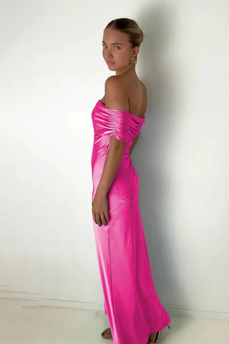 Aqua Sheath Off The Shoulder Satin Long Prom Dresses