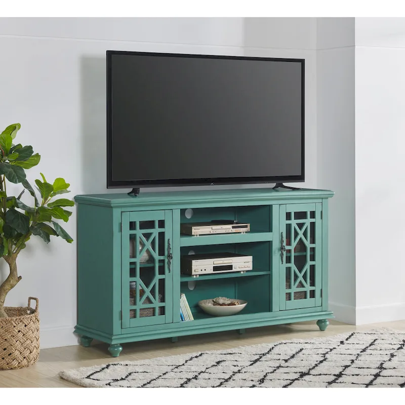 Catalina Blue / Antique White / Antique Teal 2-Door TV Stand with Trellis Glass Doors – French Country Style, Fits TVs up to 65