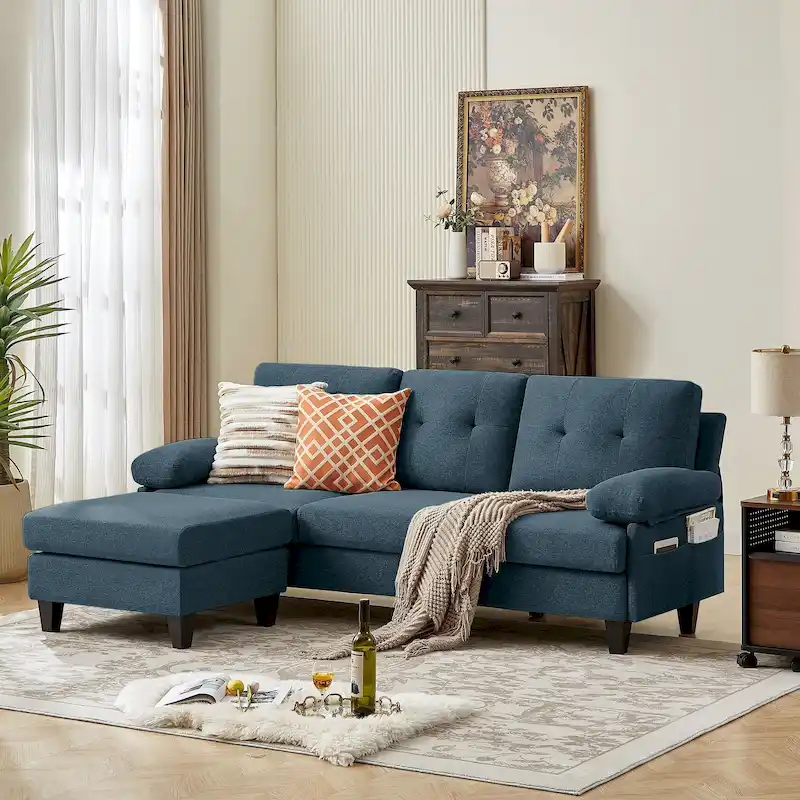 Blue / Green / Light Grey / Dark Grey / Beige L-Shaped Sectional Sofa with Ottoman & Storage Bags, Seats 3–4
