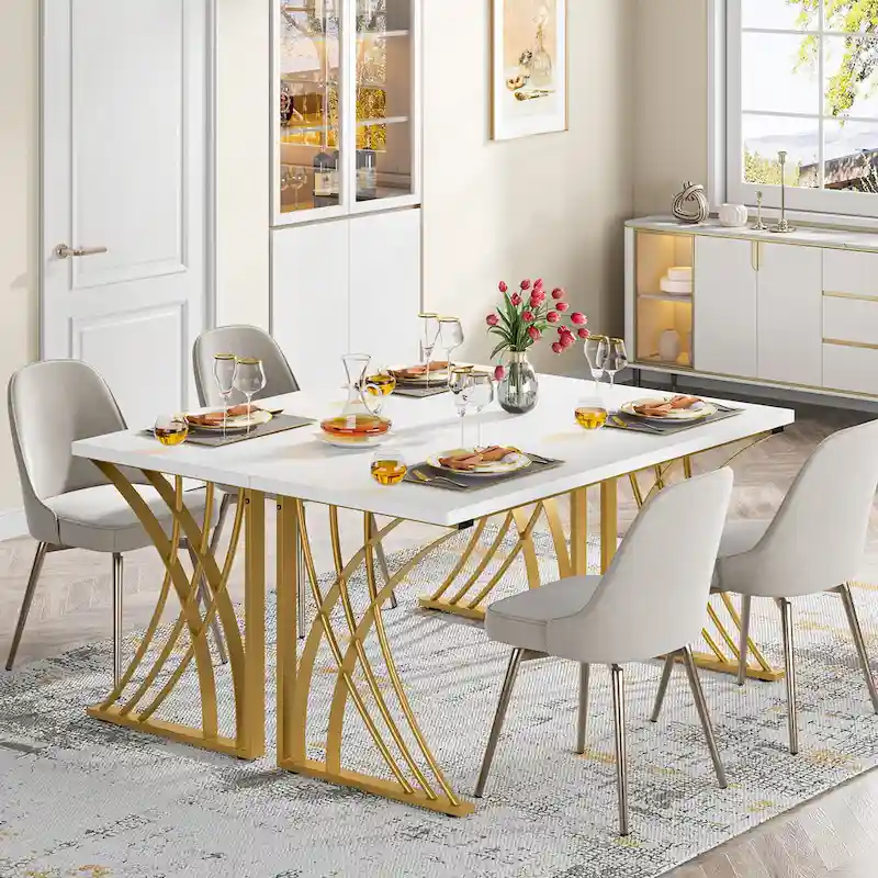 Modern Gold/White Computer Desk, 55 inch Dining Table with Gold Legs, Vanity Table, Conference Table