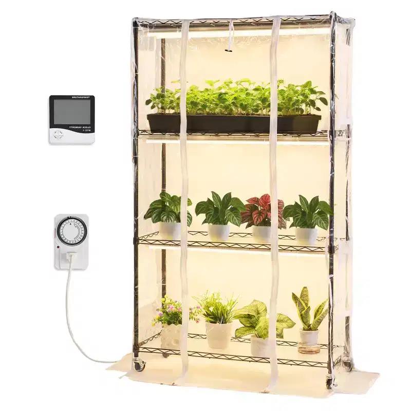 VEVOR Indoor Greenhouse with Grow Light, 59 in Tall 4-Tier Plant Stand with Clear Cover, Timer & Hygrometer, 180W Full Spectrum Grow Lights,Black