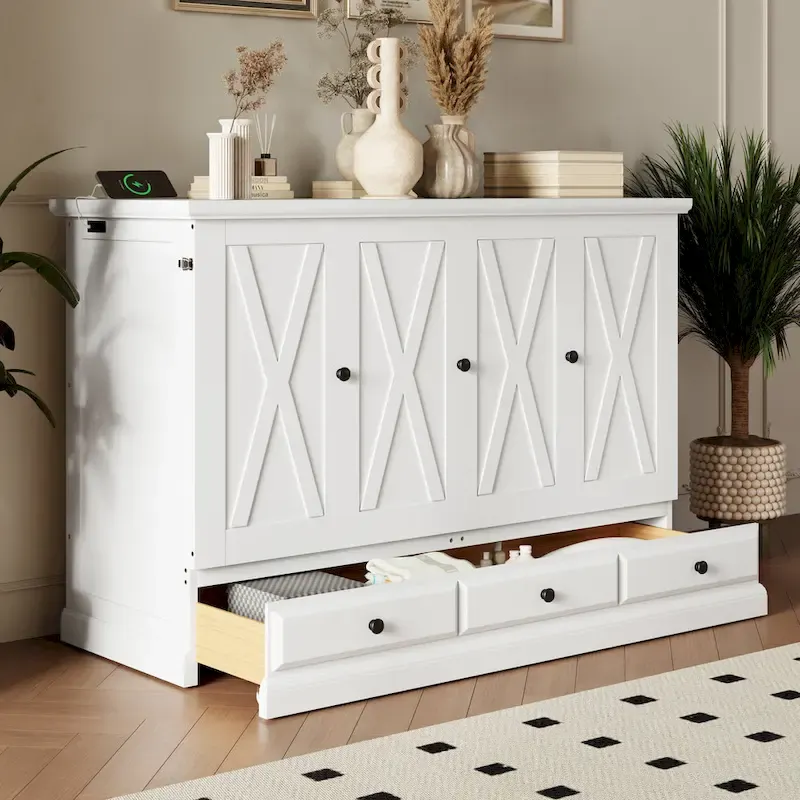 Farmhouse Murphy Bed Convertible Space-Saving Cube Chest Cabinet with Large Drawers and Charging Station, Foldable Platform Bed