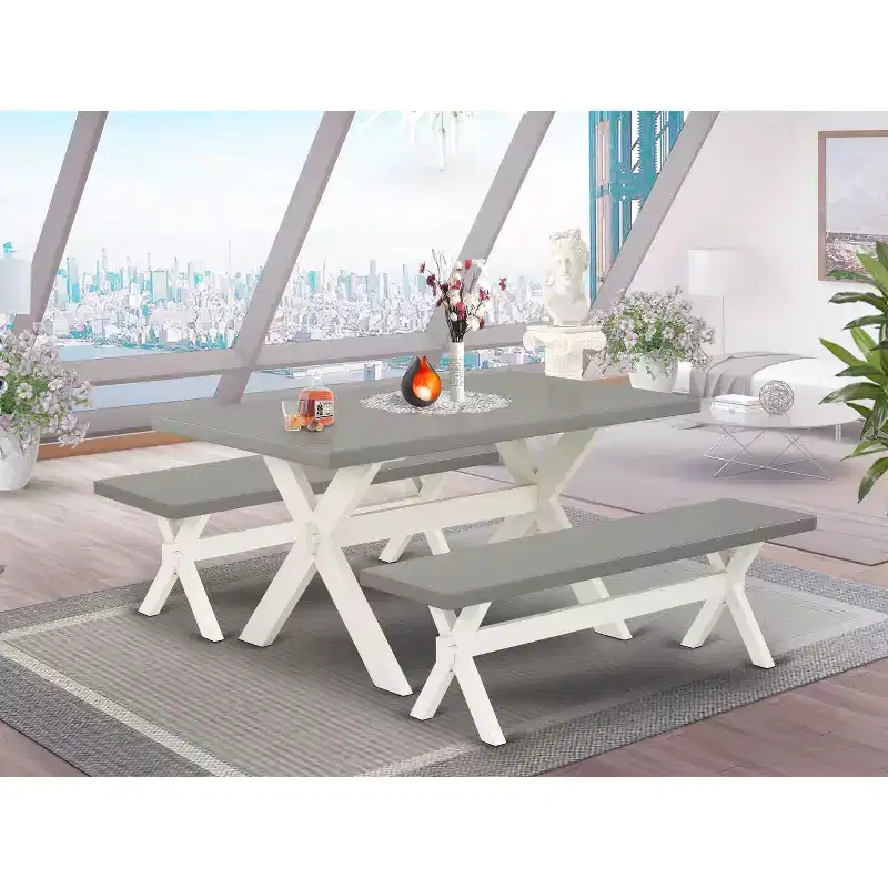 HomeStock 3-Piece Rectangle Natural Oak Finish Solid Wood Top Dining Table with 2-Benches