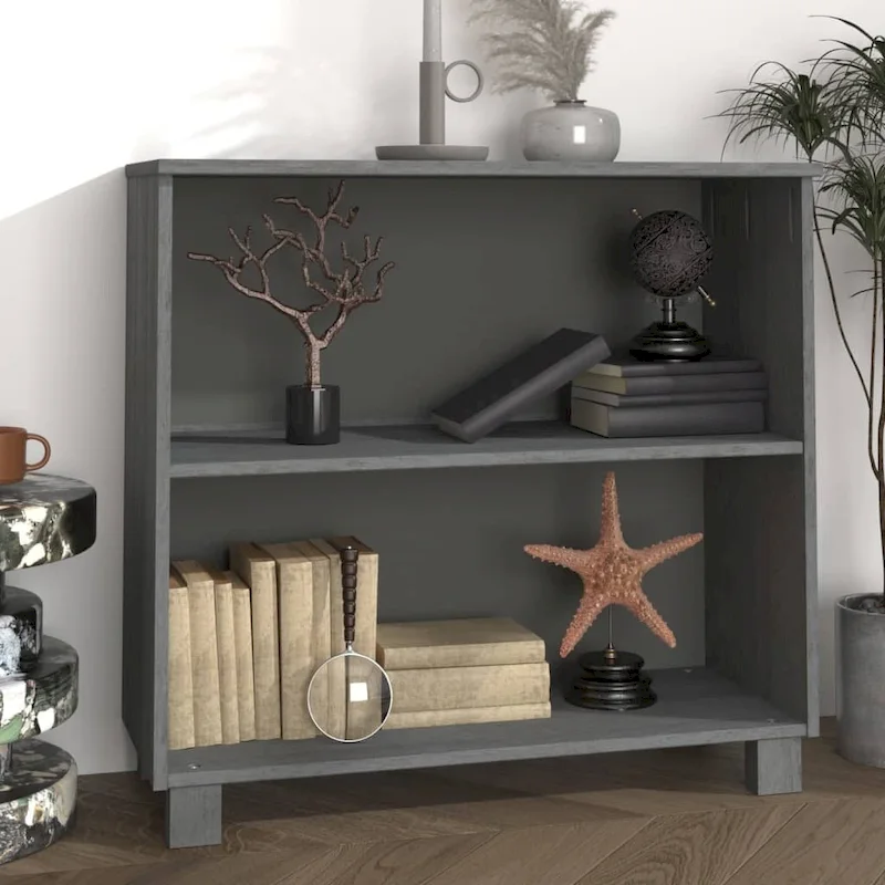 Dark Gray/Honey Brown/White Solid Pine & MDF Sideboard with 2 Open Shelves & Wall Anchor