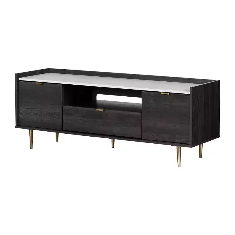 South Shore Hype TV Stand for TVs up to 75" Gray Oak/Faux Carrara Marble: Laminated Particle Board, Storage Shelves