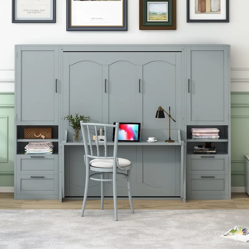 Grey Queen Murphy Wall Bed with Side Wardrobe & Drawers – 1-Person