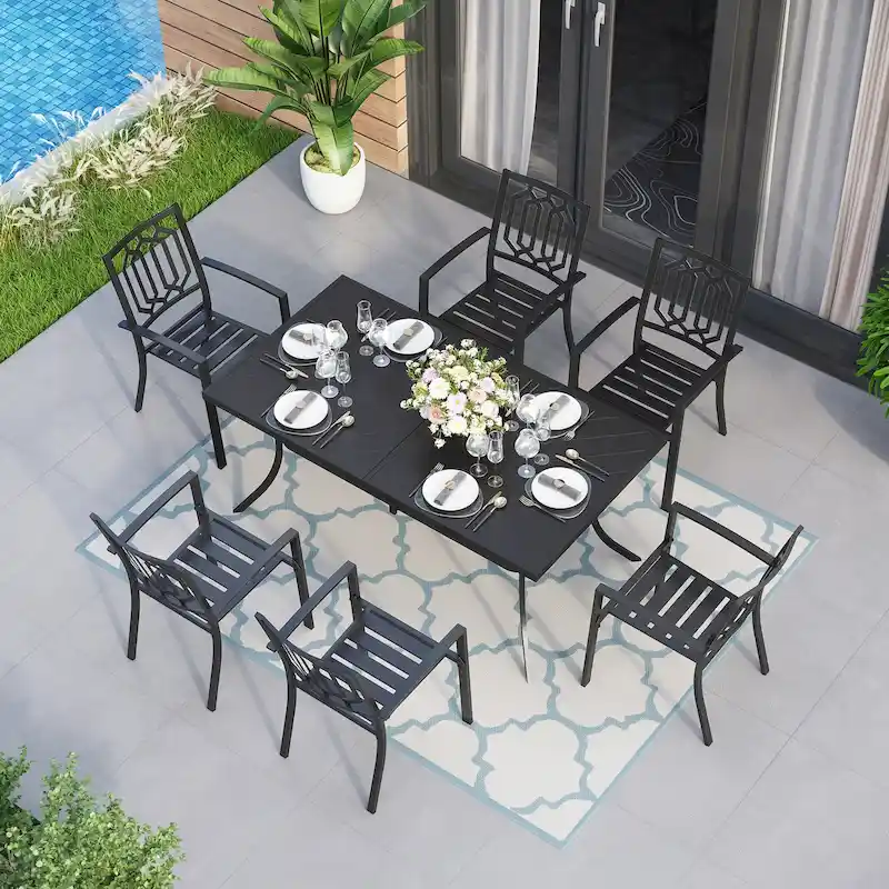 MAISON ARTS Patio Dining Set 7 Piece Metal Rectangle Patio Table with 2.6  Umbrella Hole and 6 Metal Dining Chairs, Black