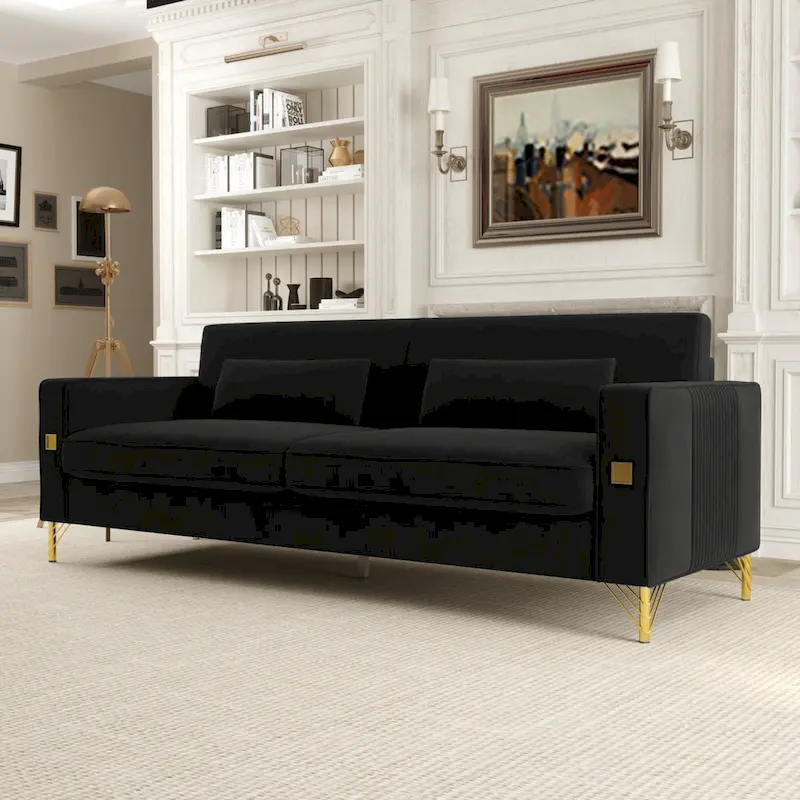 Black 85.63  Velvet 3-Seater Sofa with Gold Accents