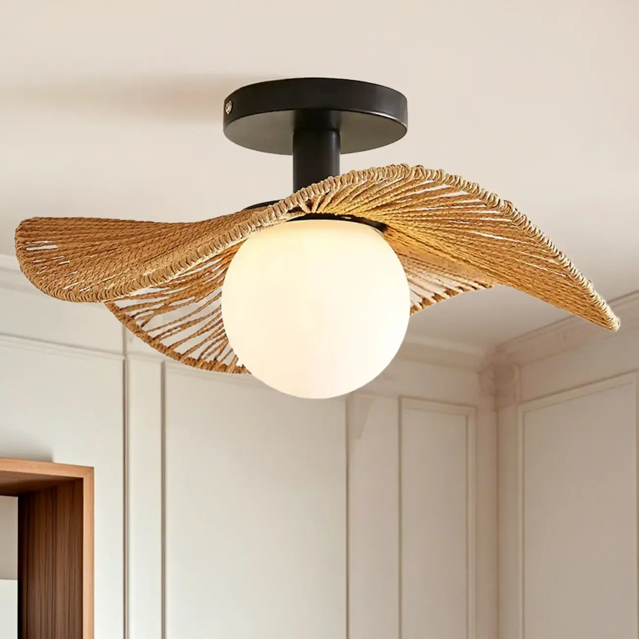 Oriental LED Semi-Flush Ceiling Light with Rattan Shade