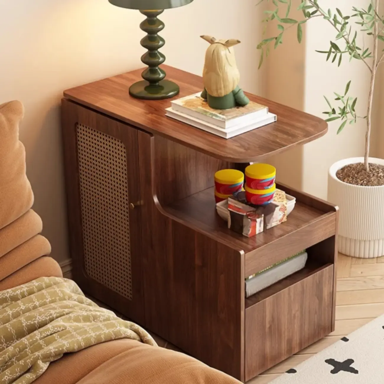 Rotating Brown Wood Rectangle Wheeled Side Table with Drawer