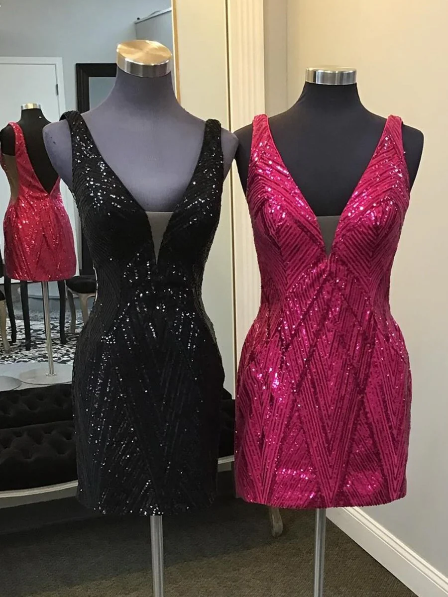 Black - V-neck Sequins Short Homecoming Dress With Open Back