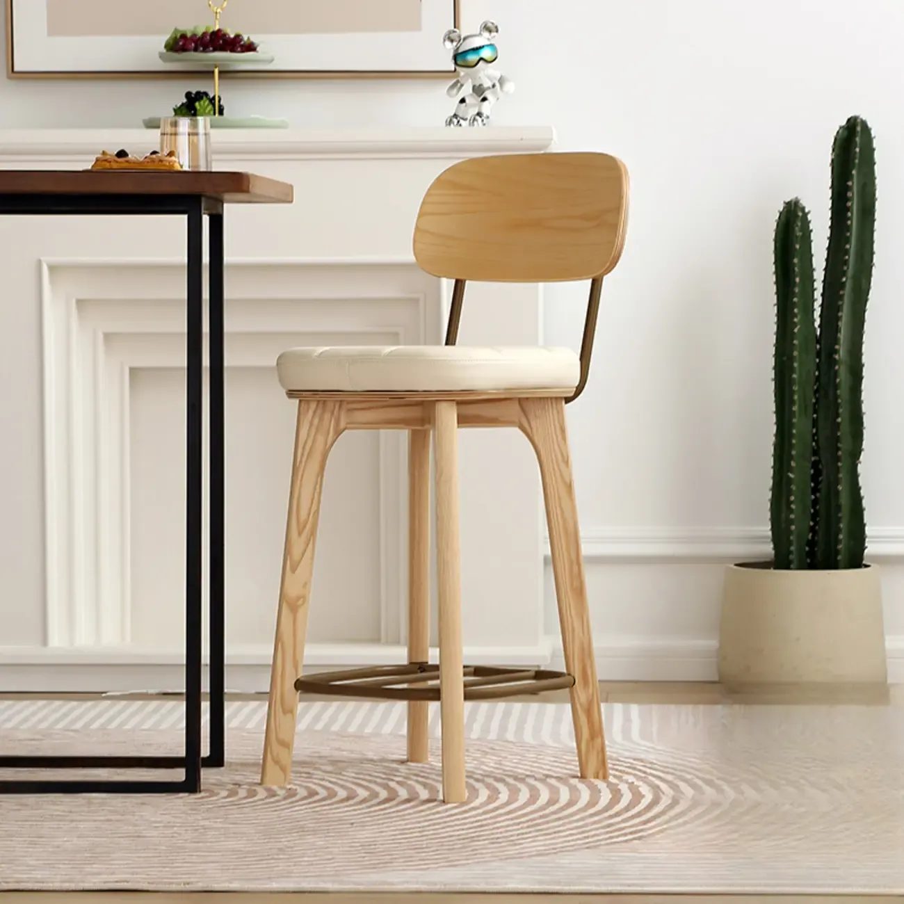 Wooden Square Leather Upholstered Bar Stool with Backrest