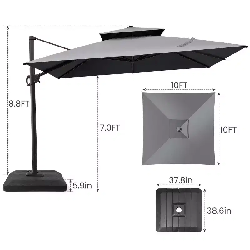 Crestlive Products 10 Feet Square 2-Tier Top Patio Cantilever Offset Umbrella 360 Shade With Weighted Base