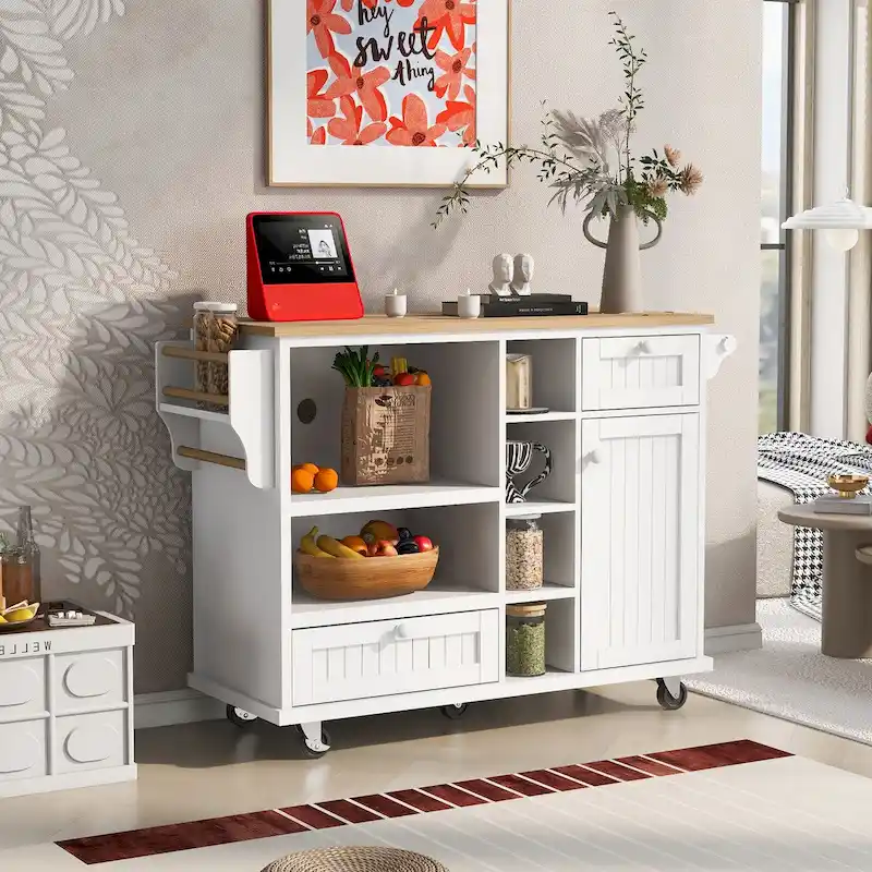 Island Cart with Storage Cabinet and Two Locking Wheels, wood desktop,Microwave cabinet,Floor Standing Buffet Server Sideboard