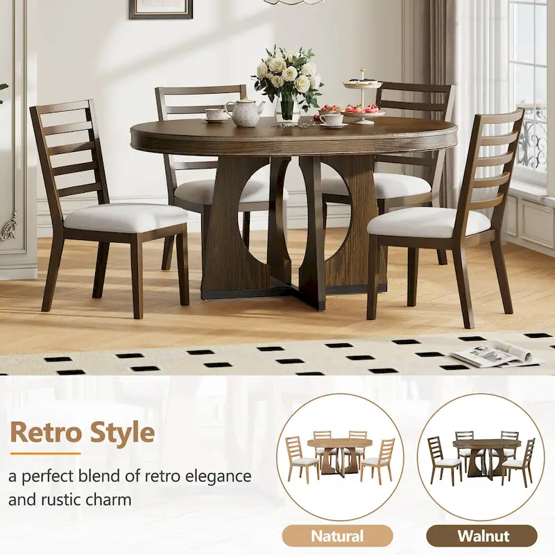 5-Piece Rustic Functional Dining Set, 1 Extendable Table with a 16-inch Leaf and 4 Upholstered Chairs
