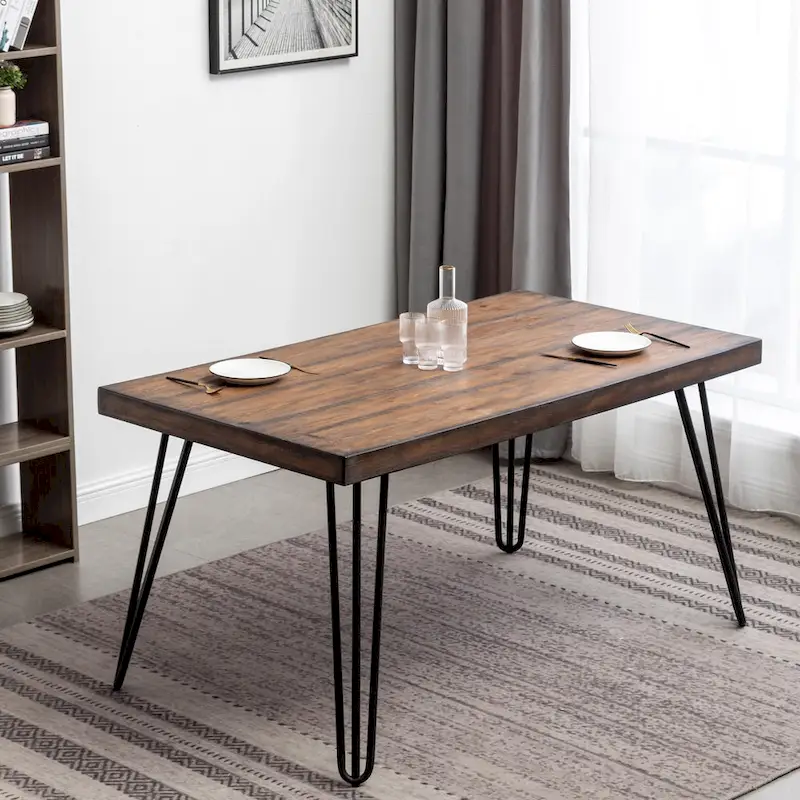 Roundhill Furniture Amisos 6-Piece Dining Set, Hairpin Dining Table with 4 Chairs and Upholstery Bench