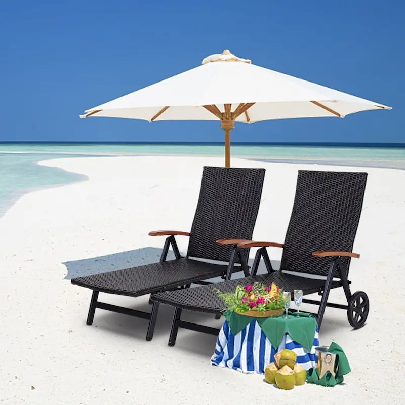 Outdoor Folding Rattan Reclining Chair Adjustable Patio Chaise Lounge