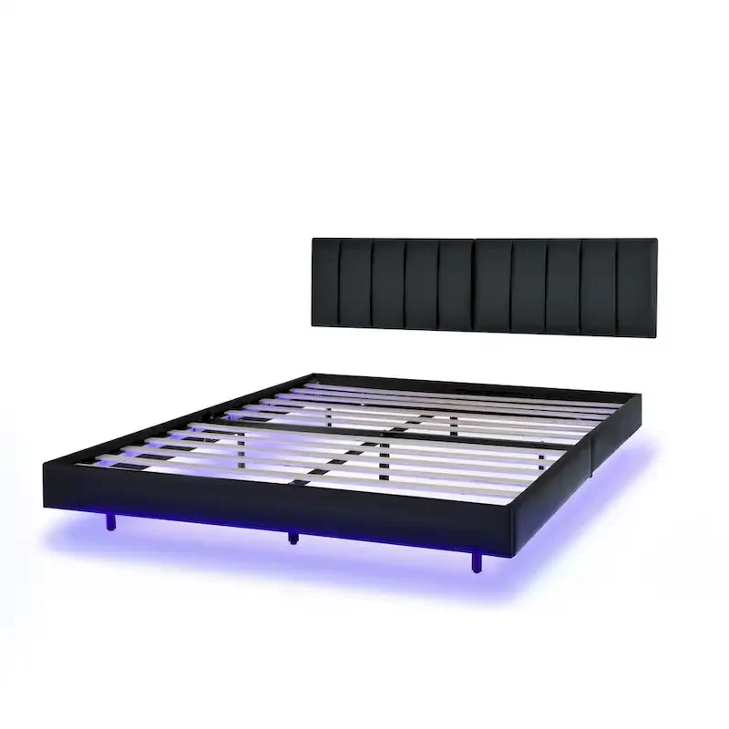 Floating Bed Frame With Led Lights And Wall Mounted Headboard