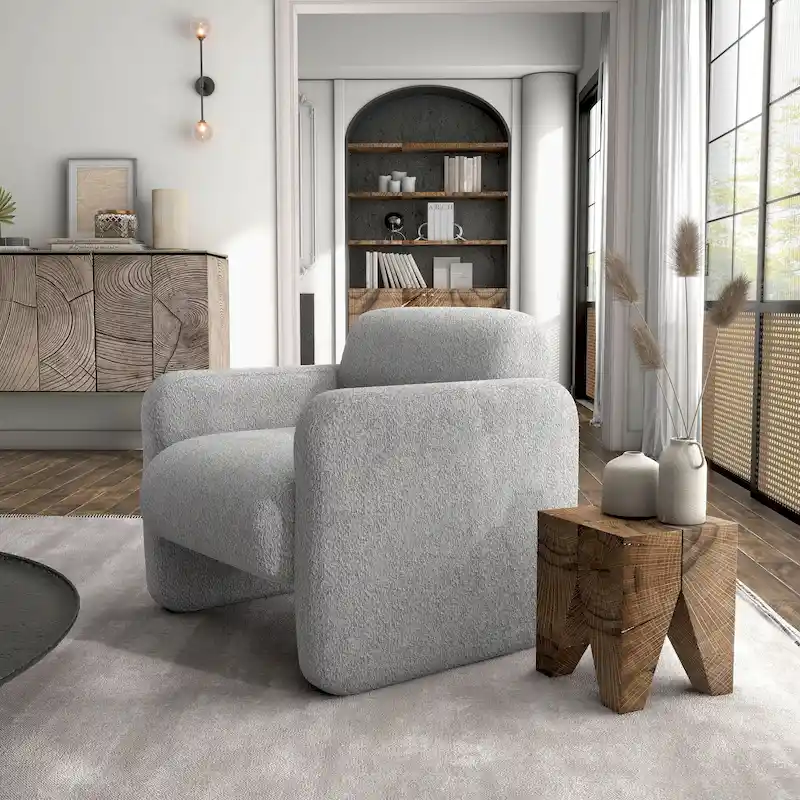 Modern Boucle Fabric Accent Chair with Arms | Upholstered Single Sofa, Living Room Chair