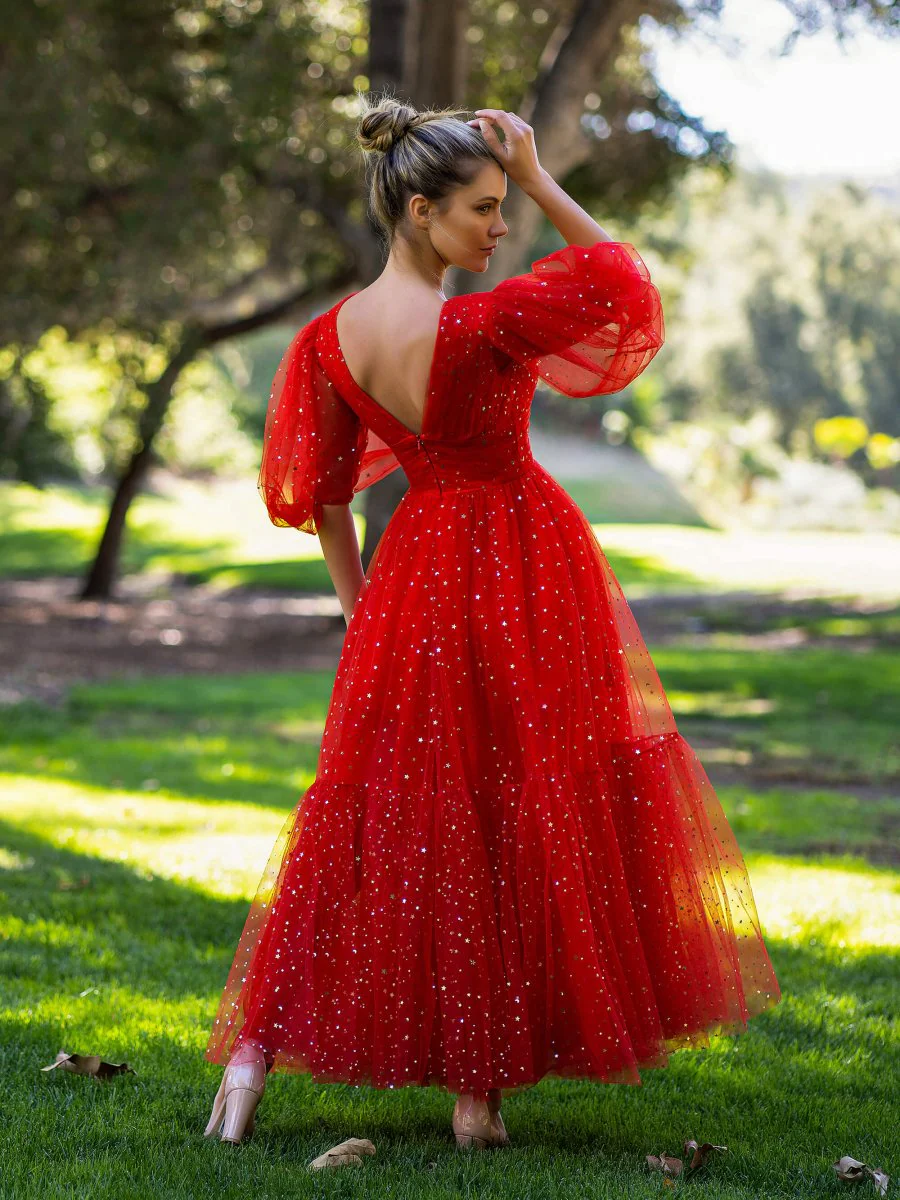 V-neck Glitter Ankle Length Tulle Prom Dress