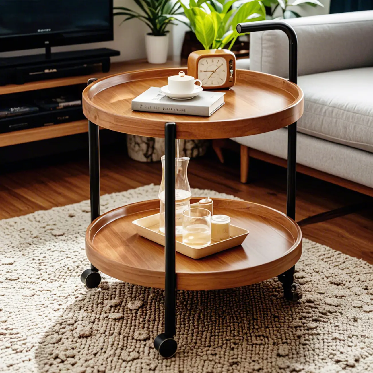 Modern 2-Tier Wood Round Coffee Table with Wheels, Tray
