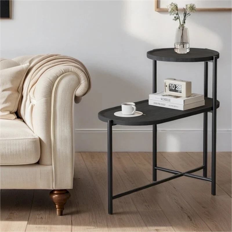 2-tier Modern Round End Table with Wood Storage Shelf