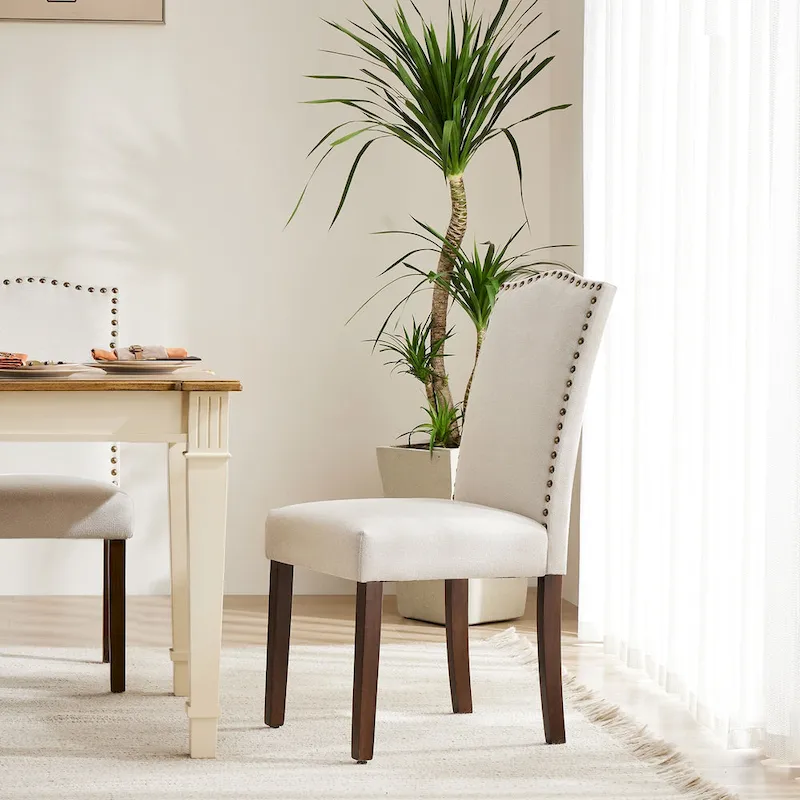 Upholstered Dining Chair Set of 2 with Nailhead Trim and Wood Legs
