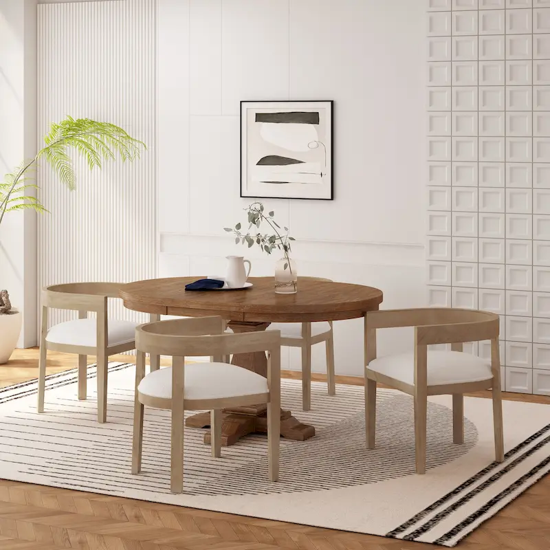Light Ash & Fabric 5-Piece Dining Set for 4, Expandable Round Table
